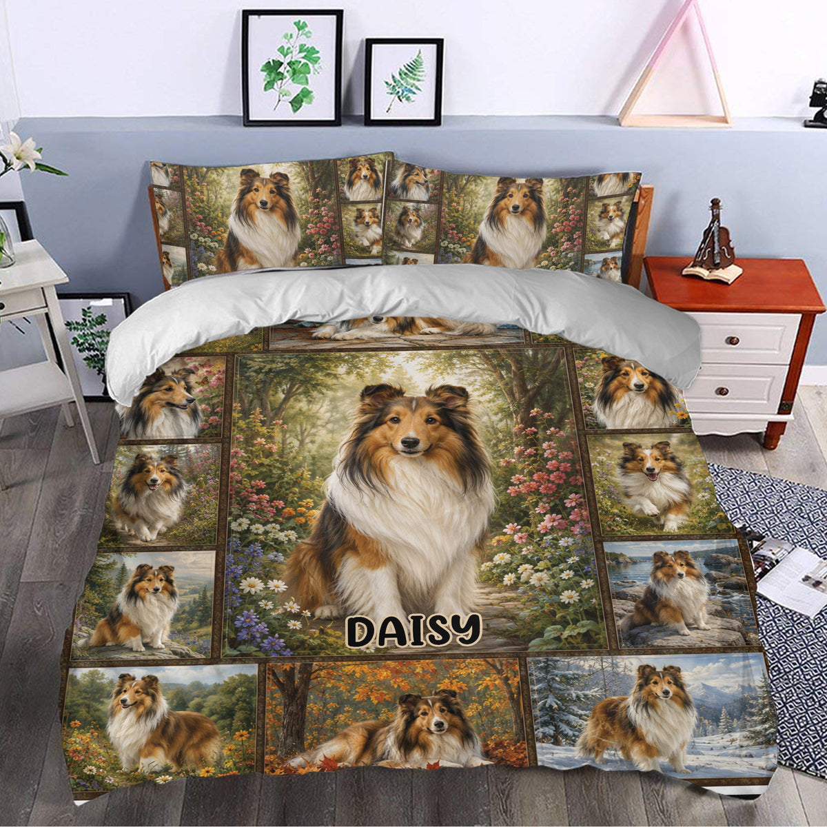 Sheltie duvet cover bedding set styled in a bedroom with floral portraits and seasonal scenery