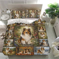 Sheltie bedding set presented in a bright bedroom with garden scenes and matching pillowcases