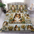 Sheltie duvet cover set displayed on a bed with sunflower panels, butterflies, and rustic patchwork artwork