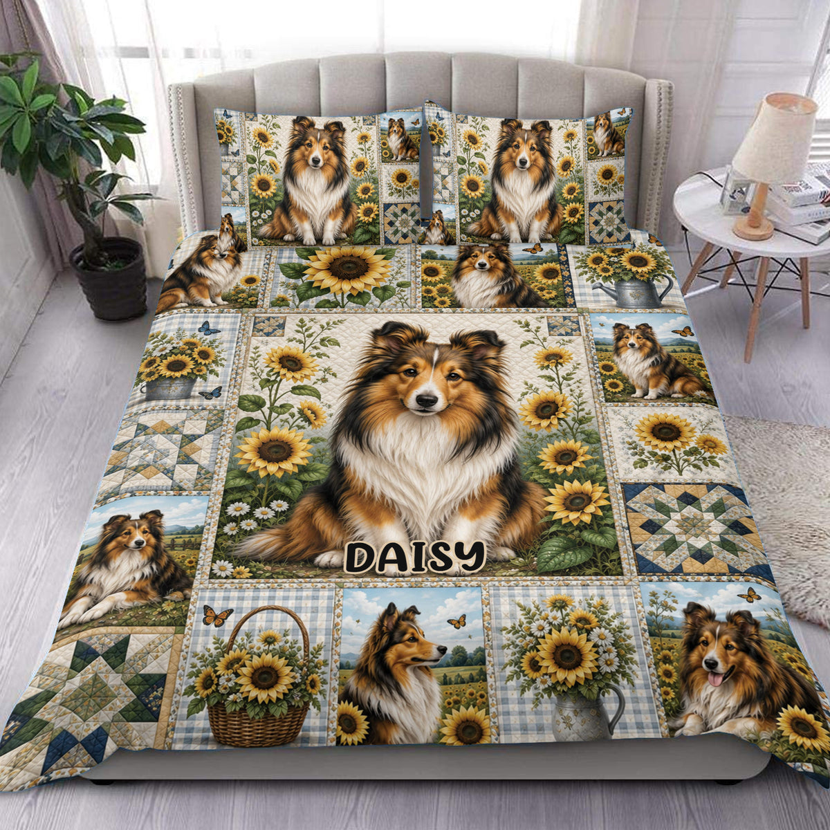 Sheltie duvet cover set displayed on a bed with sunflower panels, butterflies, and rustic patchwork artwork