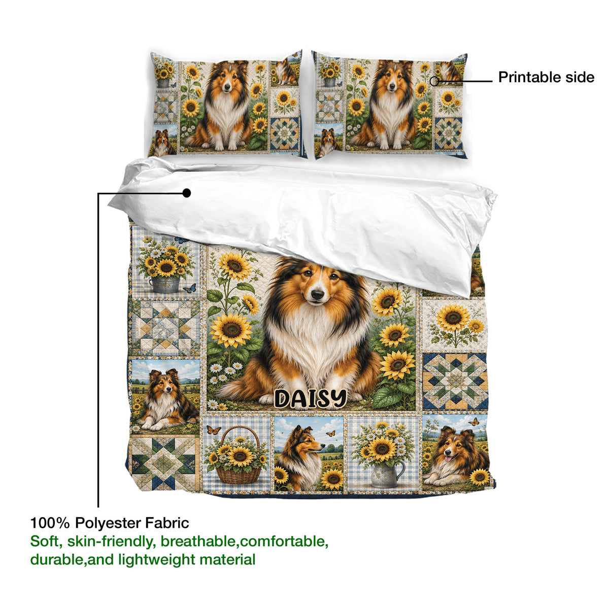 Sheltie duvet cover and pillowcases displayed with printable artwork and soft lightweight fabric details