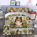 Sheltie duvet cover bedding set styled in a bedroom with sunflower scenes and detailed patchwork artwork