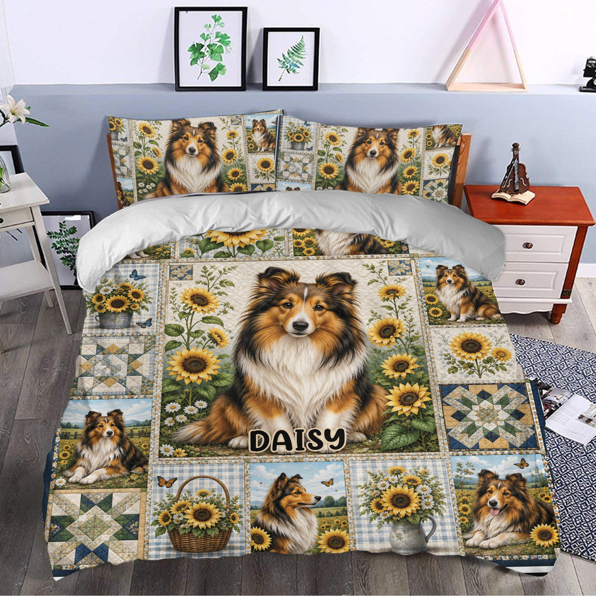 Sheltie duvet cover bedding set styled in a bedroom with sunflower scenes and detailed patchwork artwork