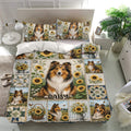 Sheltie bedding set presented in a bright bedroom with sunflower motifs, scenic panels, and dog portraits