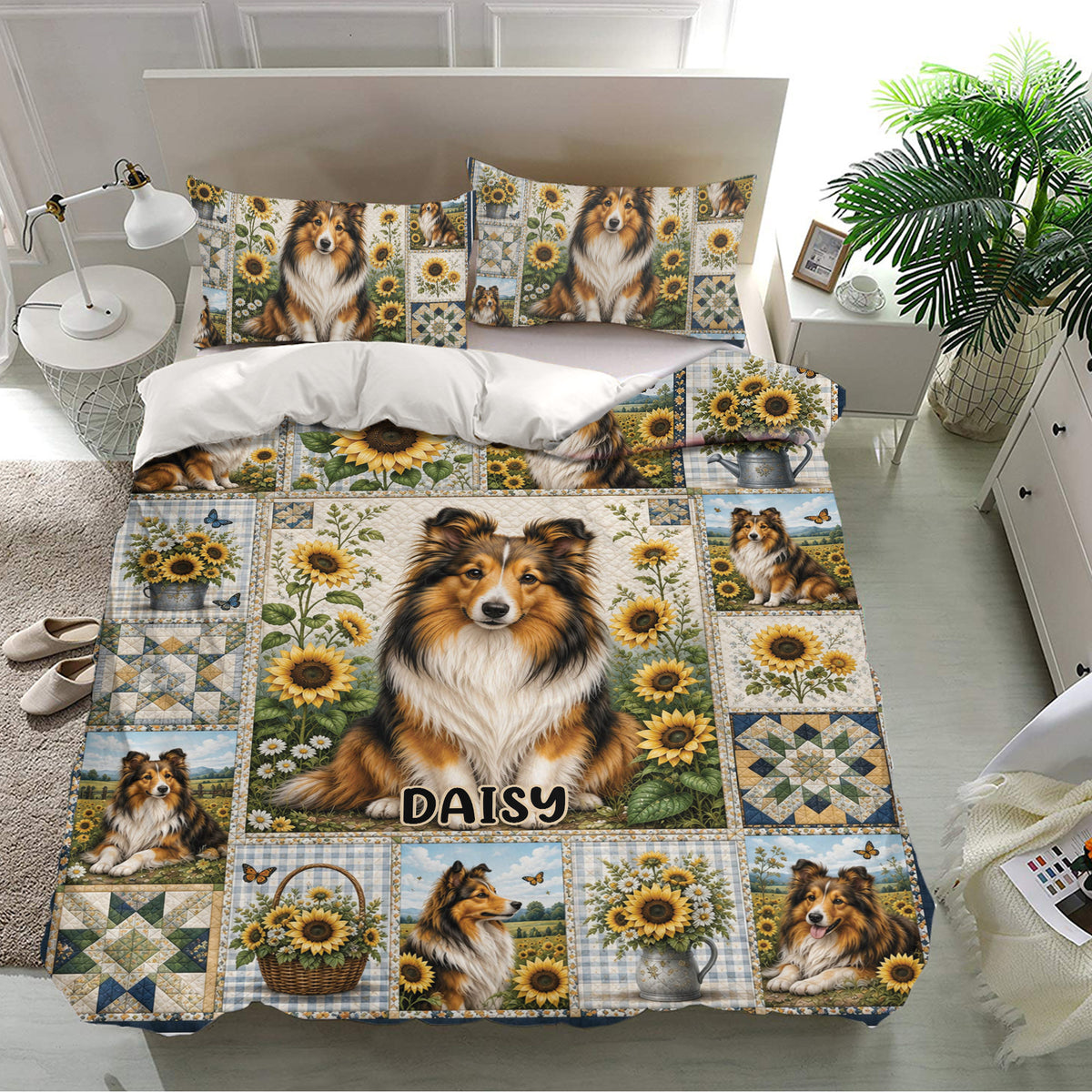 Sheltie bedding set presented in a bright bedroom with sunflower motifs, scenic panels, and dog portraits