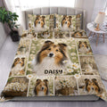 Sheltie duvet cover set displayed on a bed with daisy fields, portrait panels, and warm rustic bedroom styling