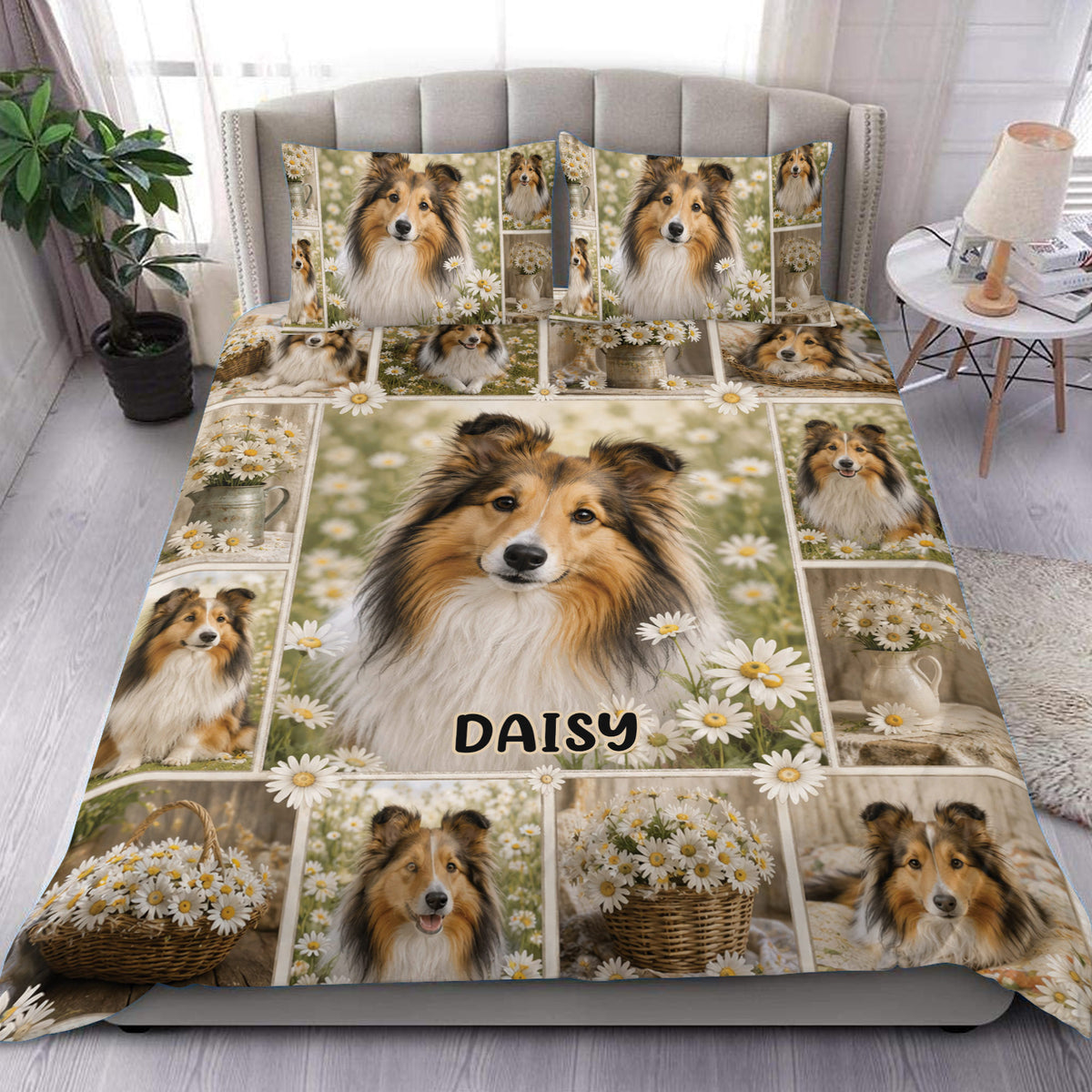 Sheltie duvet cover set displayed on a bed with daisy fields, portrait panels, and warm rustic bedroom styling