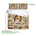 Sheltie duvet cover and pillowcases featuring daisy scenes, portrait panels, and a soft polyester fabric callout