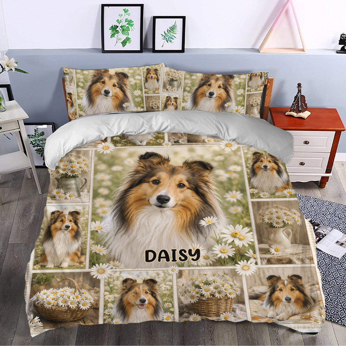 Sheltie duvet cover set styled in a bright bedroom with daisy artwork and repeated dog portrait panels
