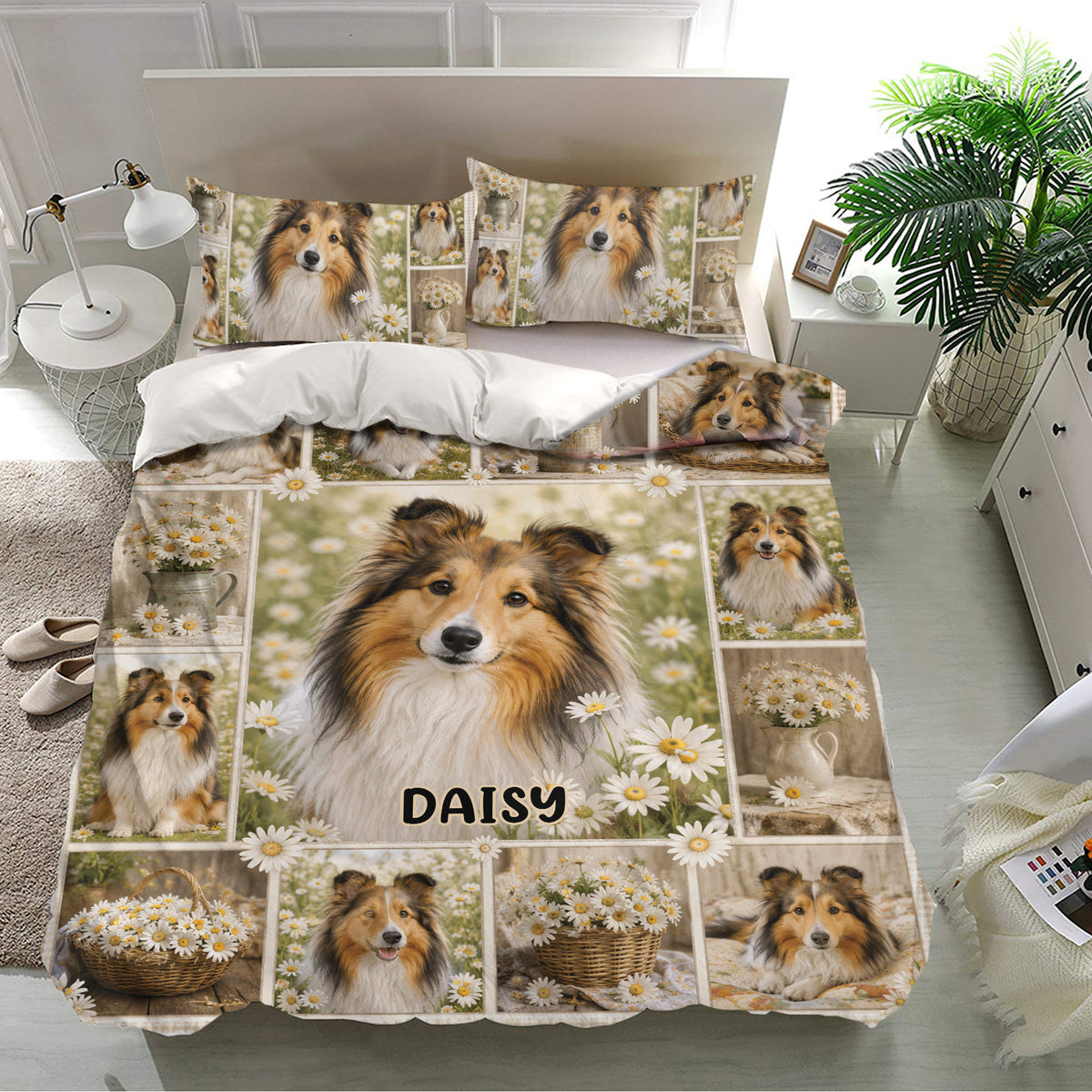 Sheltie bedding set in a modern bedroom featuring tan and white dogs, daisies, baskets, and portrait artwork