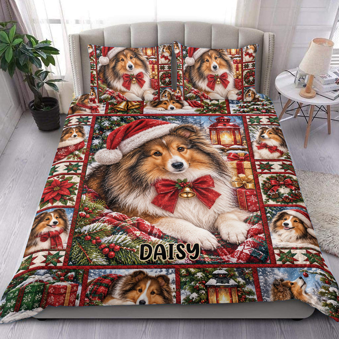 Sheltie Christmas duvet cover set displayed on a bed with festive dogs, wreaths, gifts, and red green decor