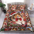 Sheltie Christmas duvet cover set displayed on a bed with festive dogs, wreaths, gifts, and red green decor
