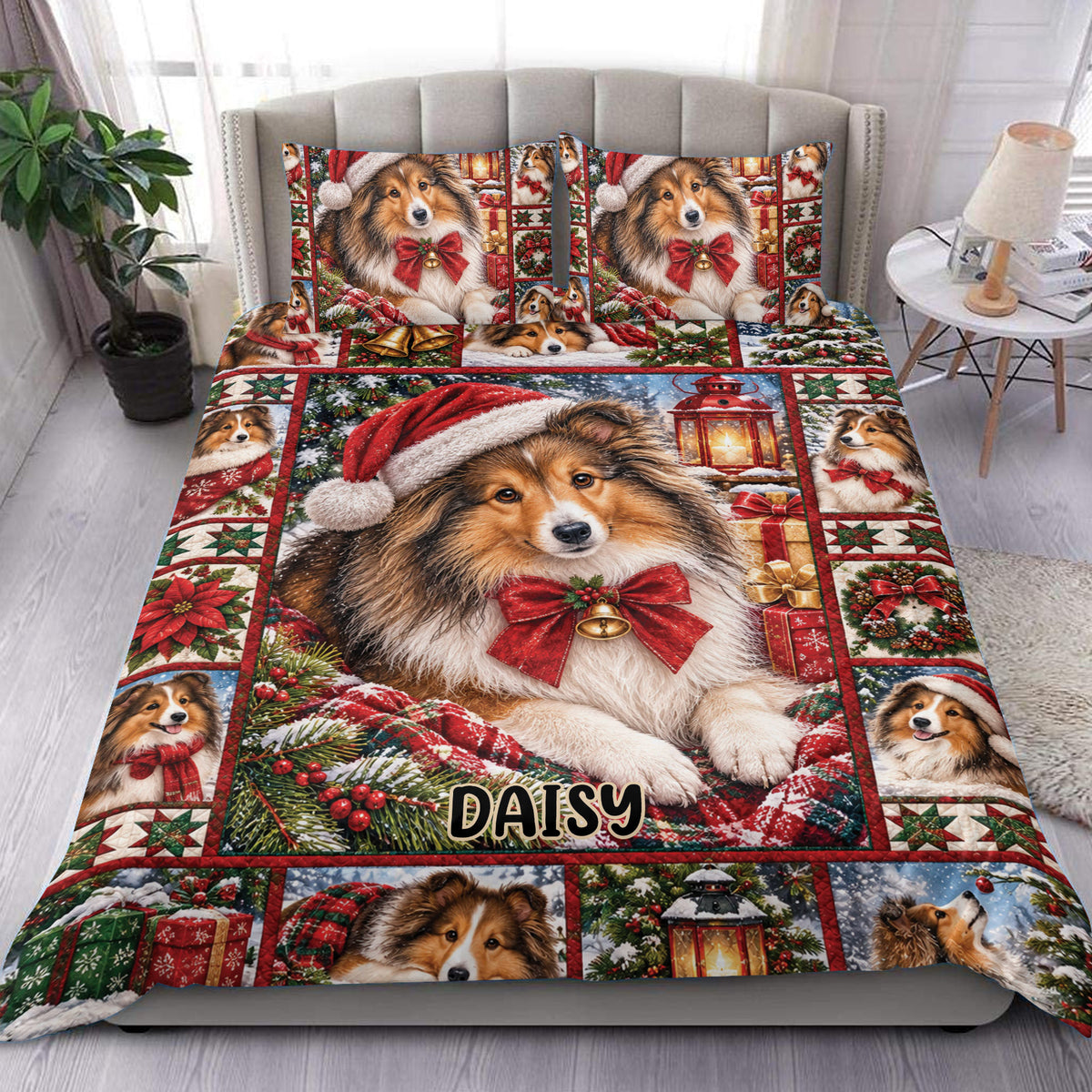 Sheltie Christmas duvet cover set displayed on a bed with festive dogs, wreaths, gifts, and red green decor
