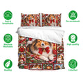 Sheltie Christmas duvet cover set shown with matching pillowcases and soft breathable bedding feature icons