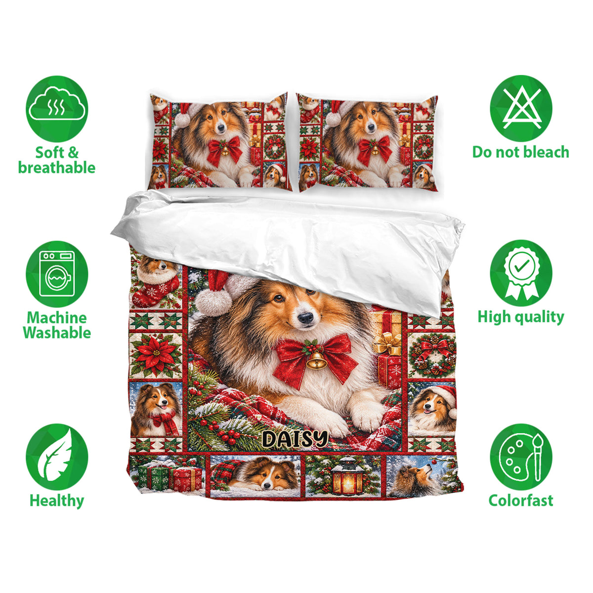Sheltie Christmas duvet cover set shown with matching pillowcases and soft breathable bedding feature icons