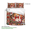 Sheltie Christmas duvet cover set detail showing the printable side and 100% polyester fabric callout