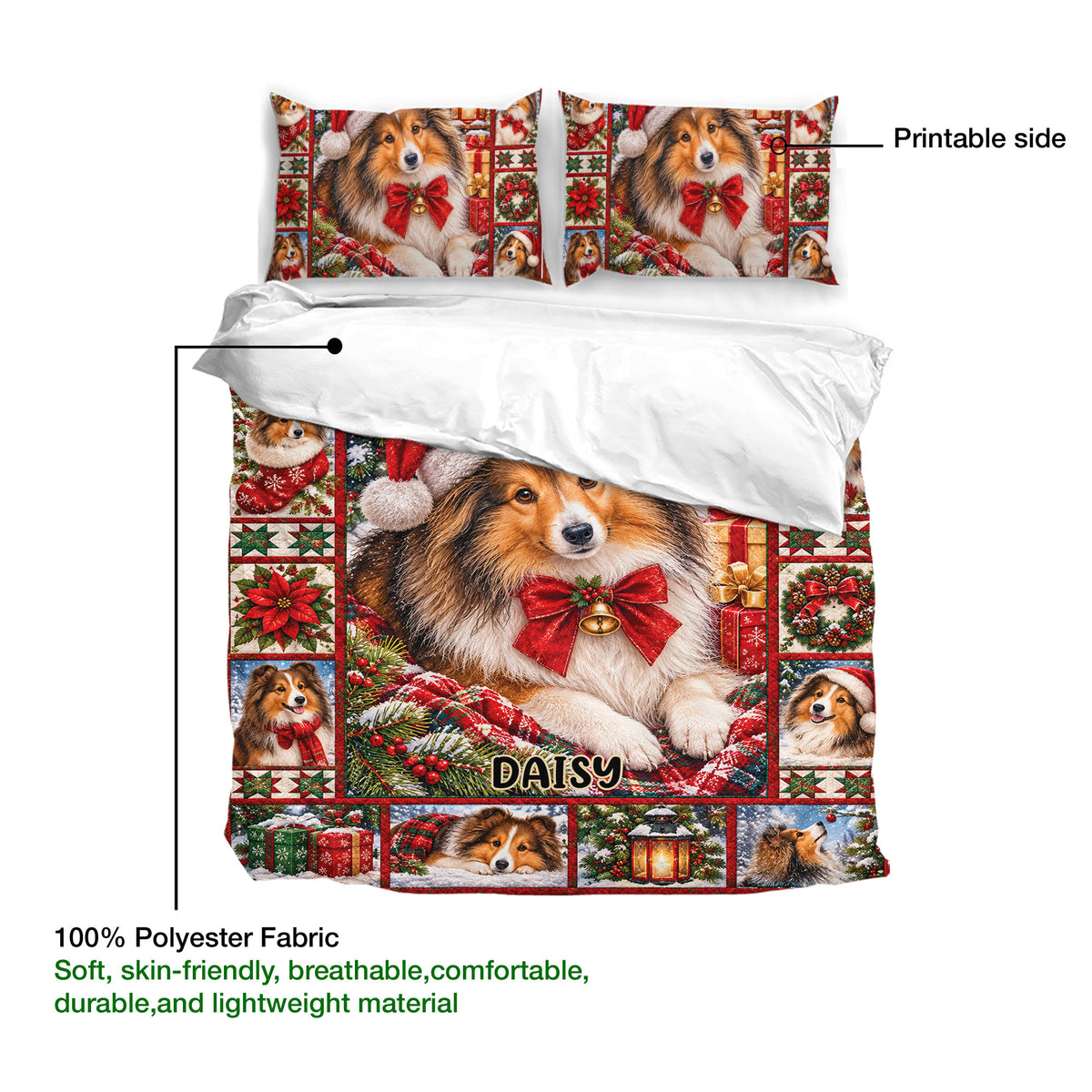Sheltie Christmas duvet cover set detail showing the printable side and 100% polyester fabric callout
