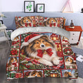 Sheltie Christmas duvet cover set styled in a bedroom with Santa hats, poinsettias, gifts, and snowy scenes