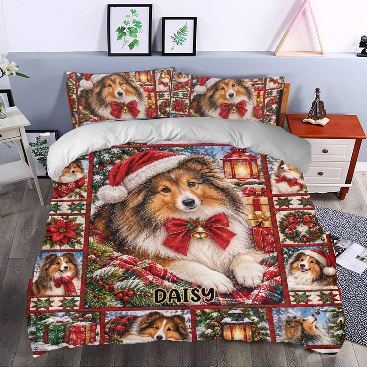 Sheltie Christmas duvet cover set styled in a bedroom with Santa hats, poinsettias, gifts, and snowy scenes