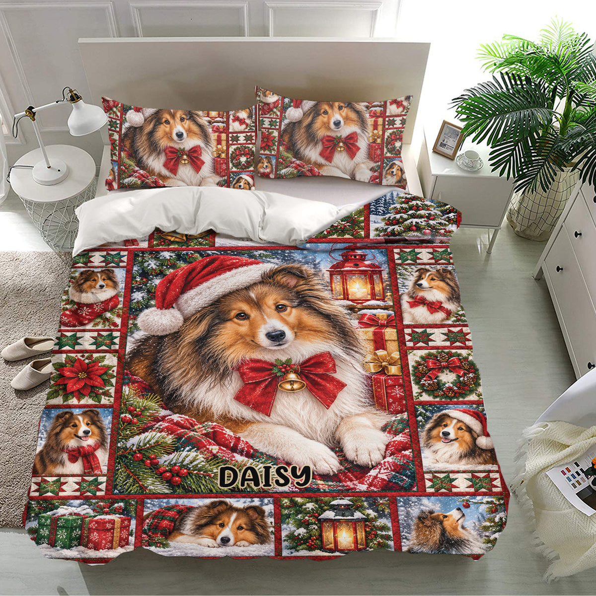 Sheltie Christmas bedding set displayed in a bright bedroom with festive dog portraits and holiday greenery