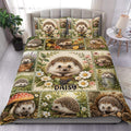 Hedgehog duvet cover set displayed on a bed with flowers, berries, greenery, and woodland scenes