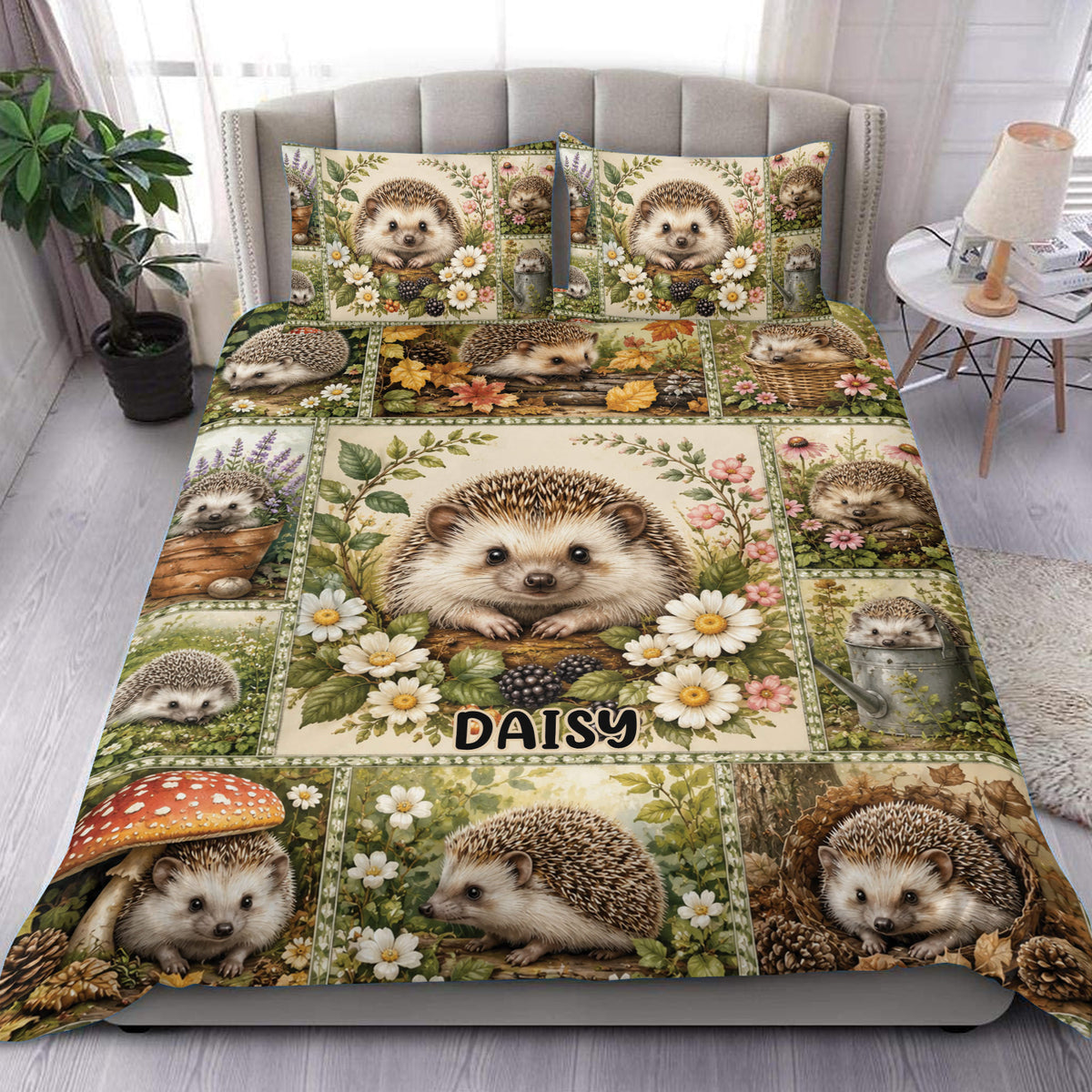 Hedgehog duvet cover set displayed on a bed with flowers, berries, greenery, and woodland scenes