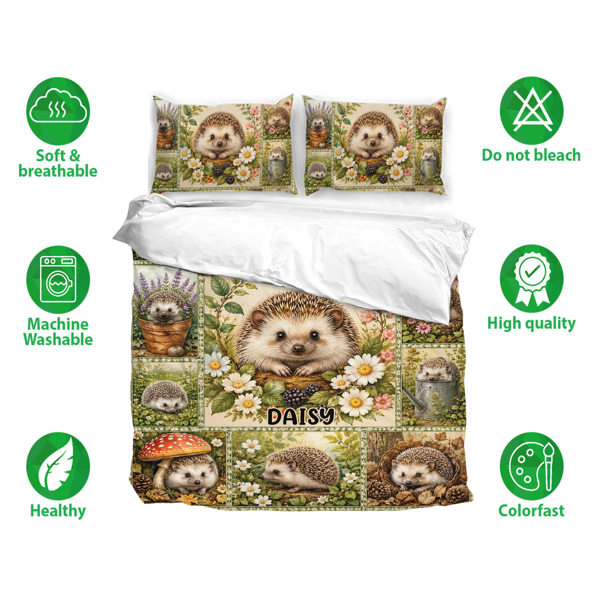 Hedgehog bedding set with matching pillowcases shown in a floral woodland design