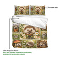 Hedgehog duvet cover set detail showing the printed side, floral panels, and soft white reverse
