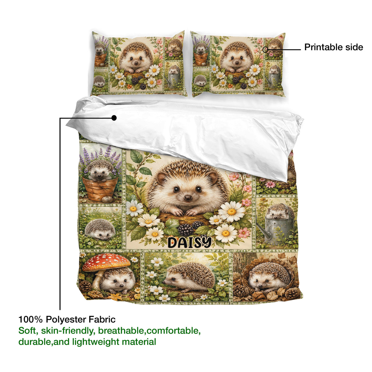 Hedgehog duvet cover set detail showing the printed side, floral panels, and soft white reverse