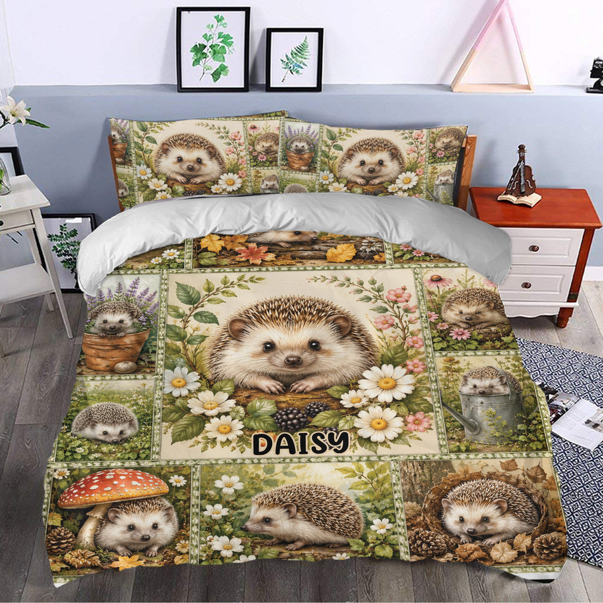 Hedgehog duvet cover bedding set styled in a bedroom with woodland flowers and leafy artwork
