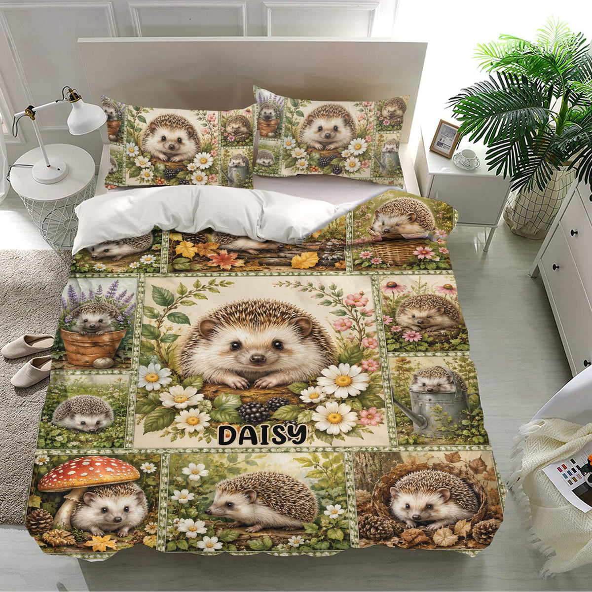 Hedgehog bedding set in a bright bedroom with matching pillowcases and nature-inspired artwork