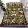 Custom hedgehog duvet cover set displayed on a bed with woodland flowers, mushrooms, and forest greenery
