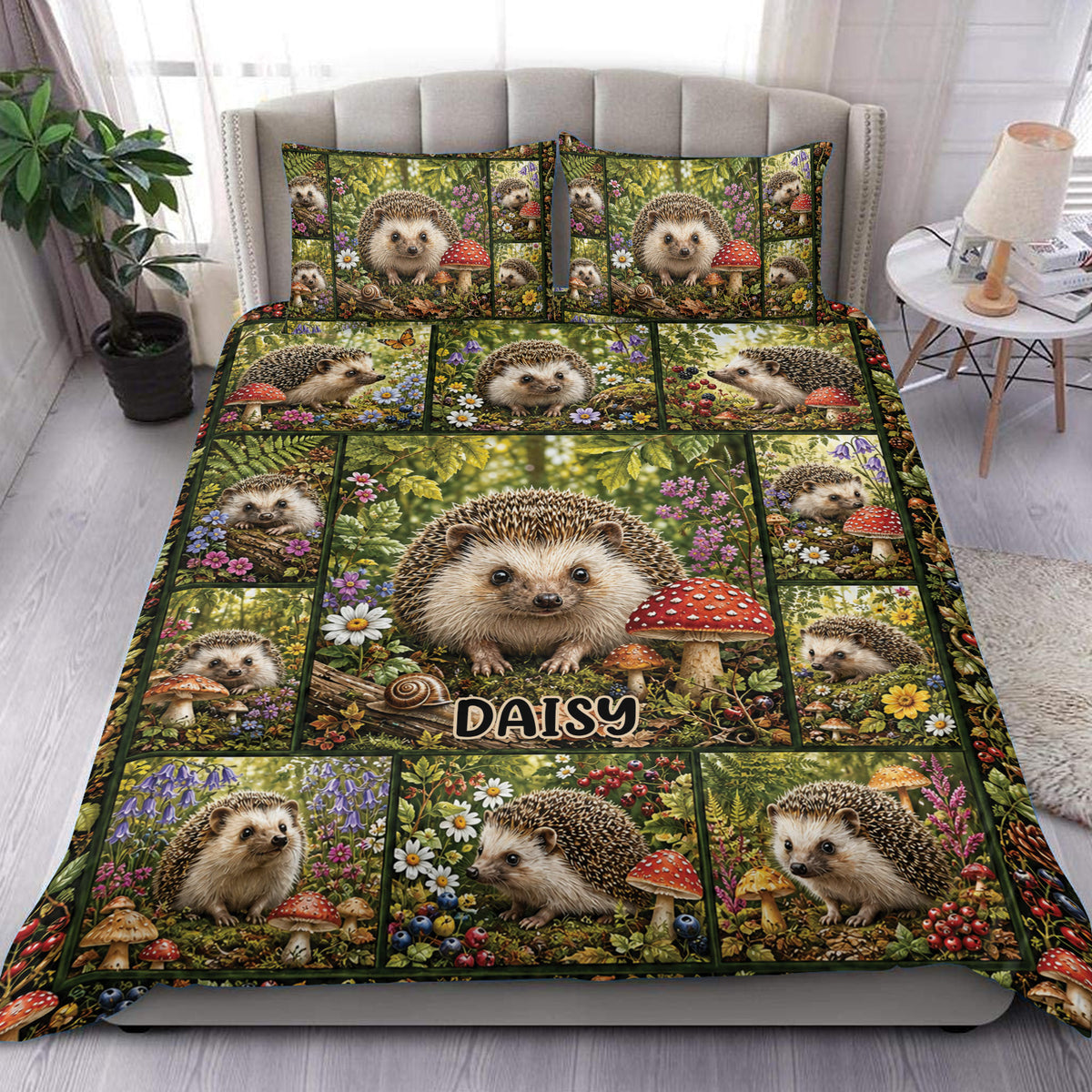 Custom hedgehog duvet cover set displayed on a bed with woodland flowers, mushrooms, and forest greenery
