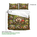 Hedgehog duvet cover set showing a printable woodland design with soft green forest artwork