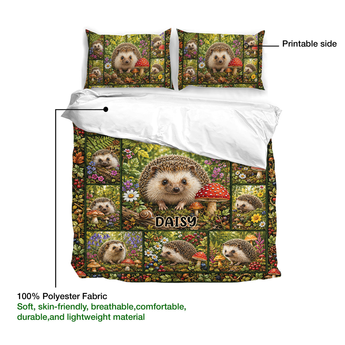 Hedgehog duvet cover set showing a printable woodland design with soft green forest artwork