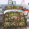 Hedgehog duvet cover bedding set styled in a bedroom with detailed woodland panels and colorful mushrooms
