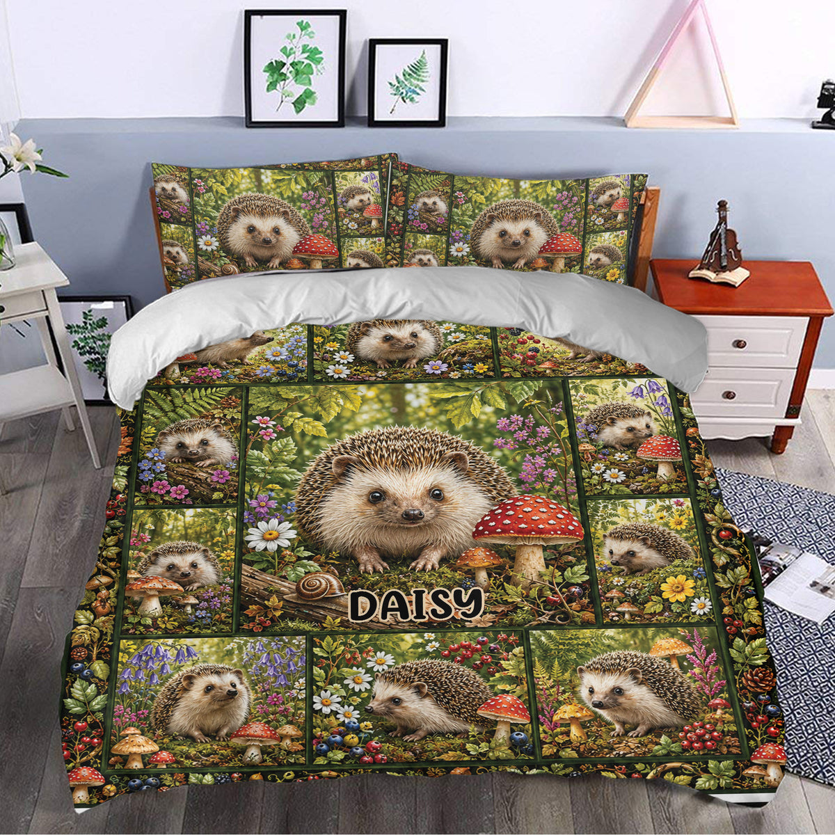 Hedgehog duvet cover bedding set styled in a bedroom with detailed woodland panels and colorful mushrooms