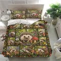 Hedgehog duvet cover set presented in a bright bedroom with floral forest artwork and matching pillowcases