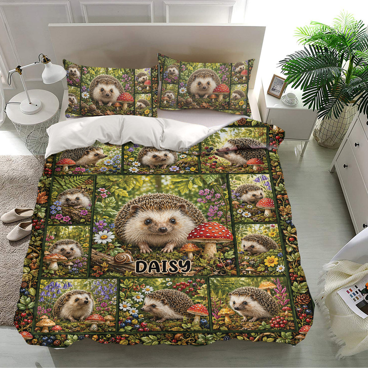 Hedgehog duvet cover set presented in a bright bedroom with floral forest artwork and matching pillowcases