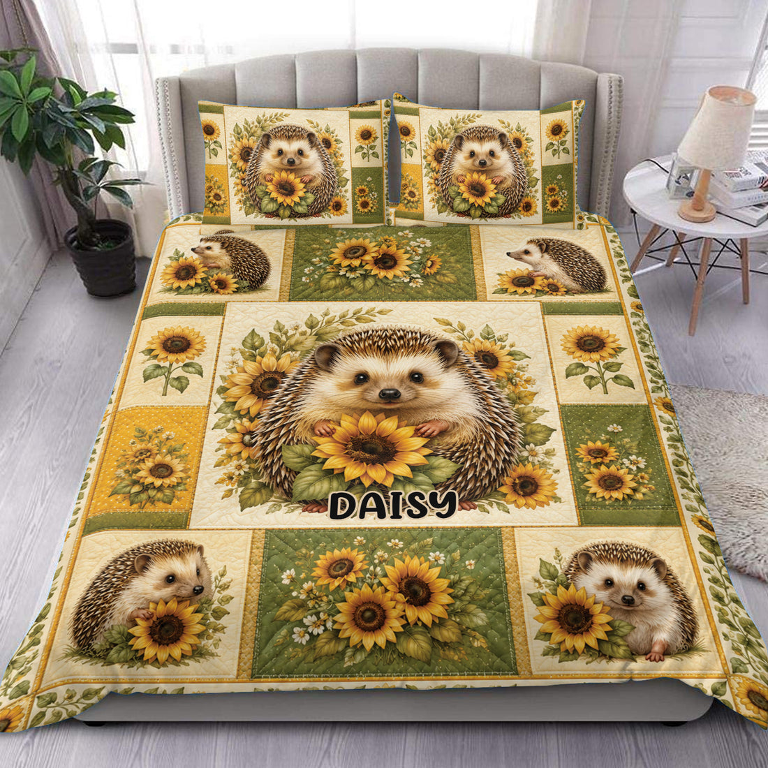 Hedgehog duvet cover set with sunflower artwork in a warm green and golden bedroom setting