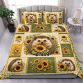 Hedgehog duvet cover set with sunflower artwork in a warm green and golden bedroom setting