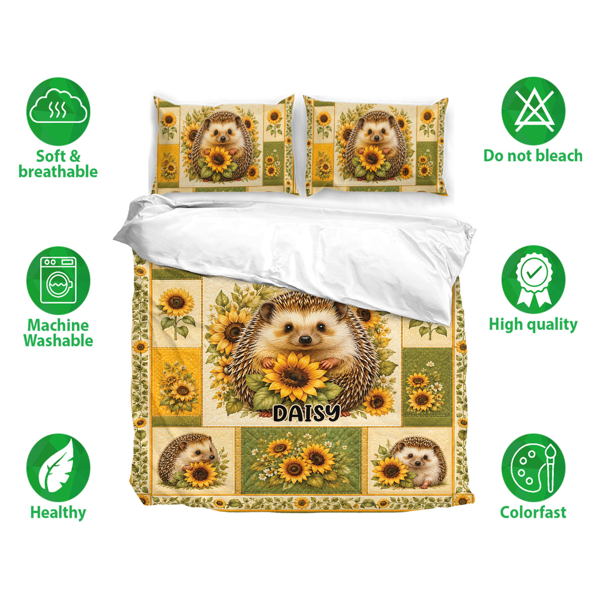 Hedgehog bedding set displayed with matching pillowcases, sunflower artwork, and soft breathable fabric icons