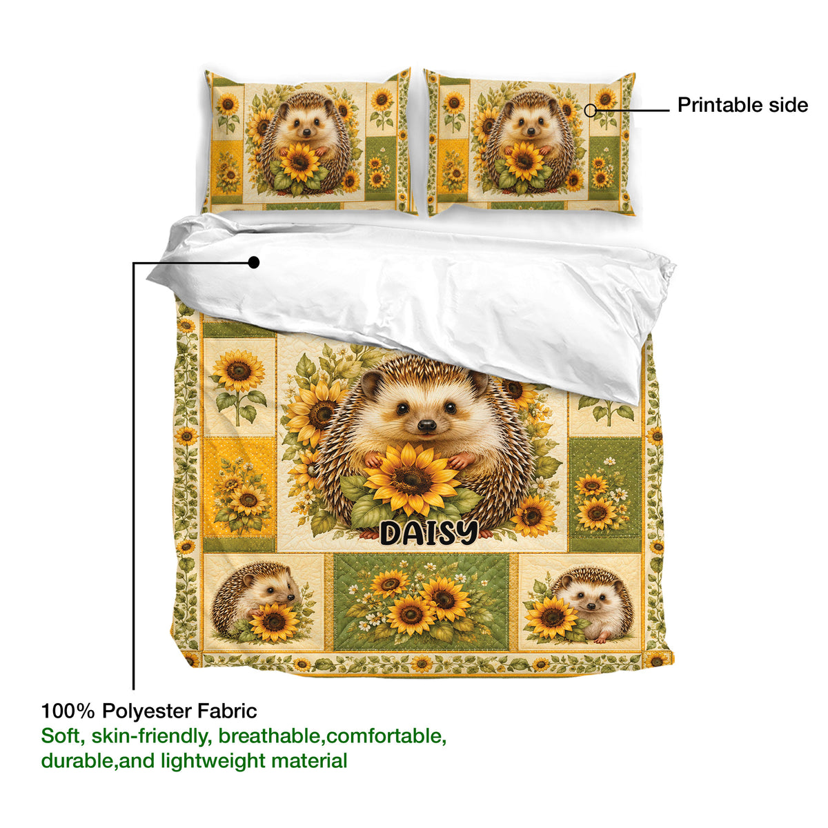Hedgehog duvet cover with sunflower panels, matching pillowcases, and a visible printable side detail