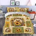 Hedgehog duvet cover bedding set styled in a bedroom with sunflowers and botanical artwork