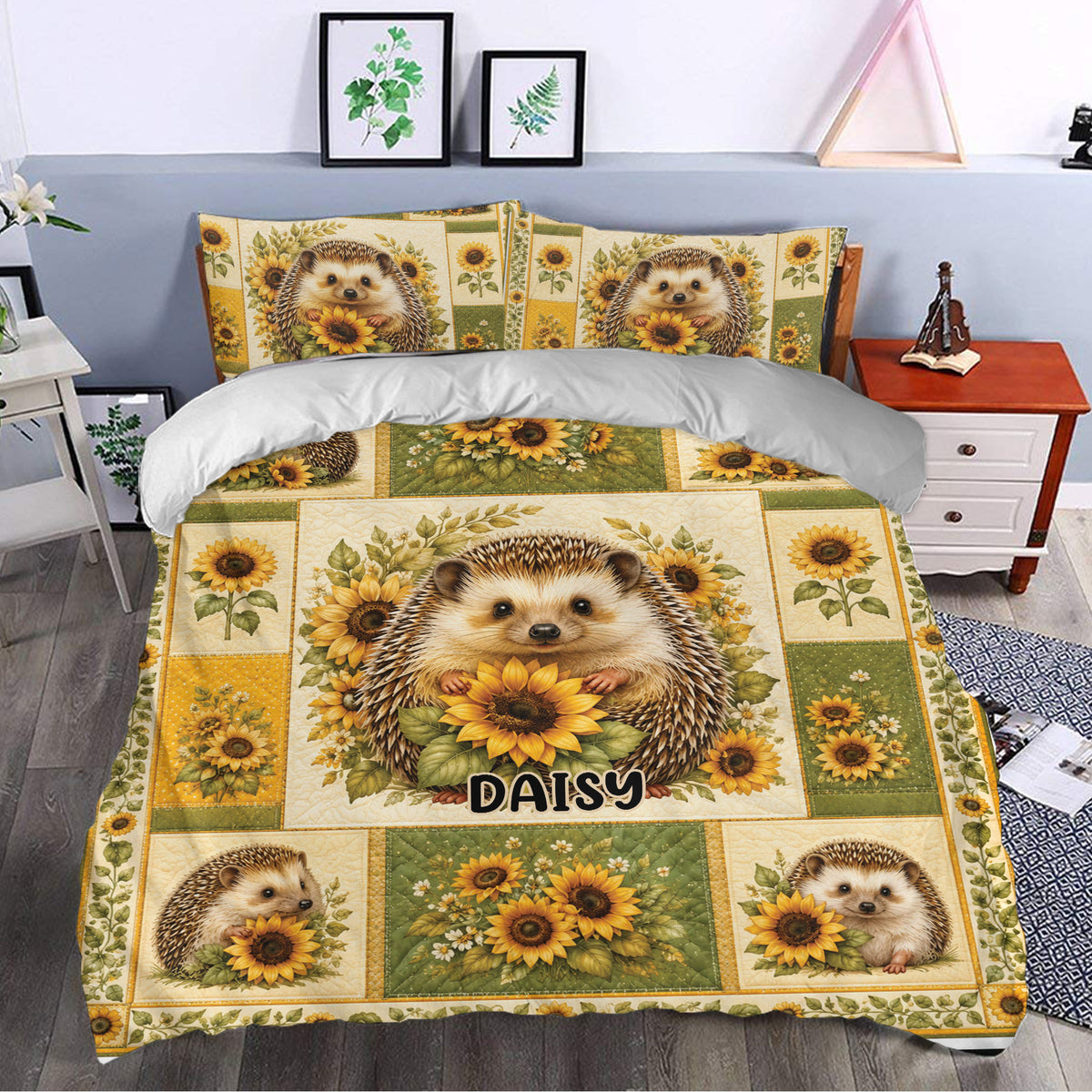 Hedgehog duvet cover bedding set styled in a bedroom with sunflowers and botanical artwork