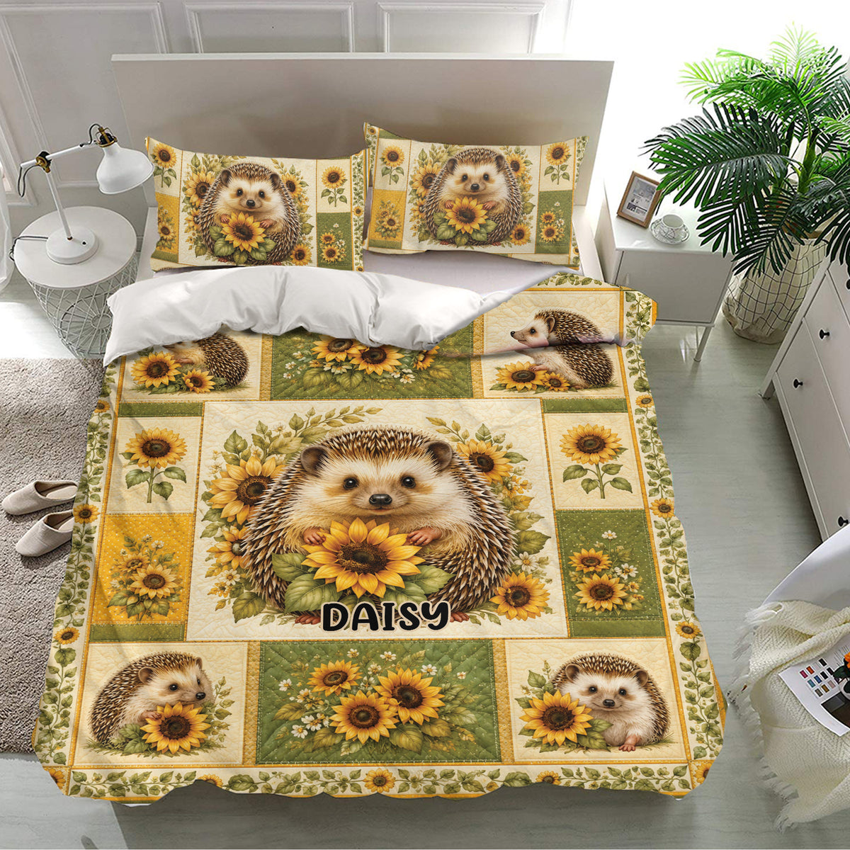 Hedgehog bedding set with matching sunflower pillowcases and detailed green botanical bedroom decor