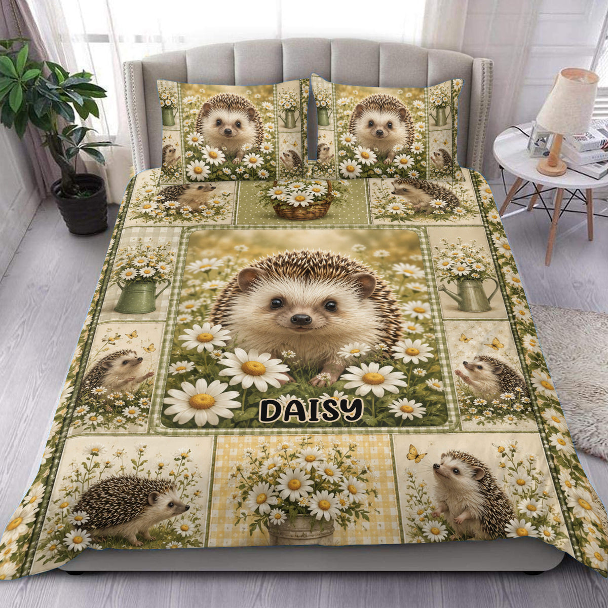 Hedgehog duvet cover set with woodland floral artwork displayed on a bedroom bed