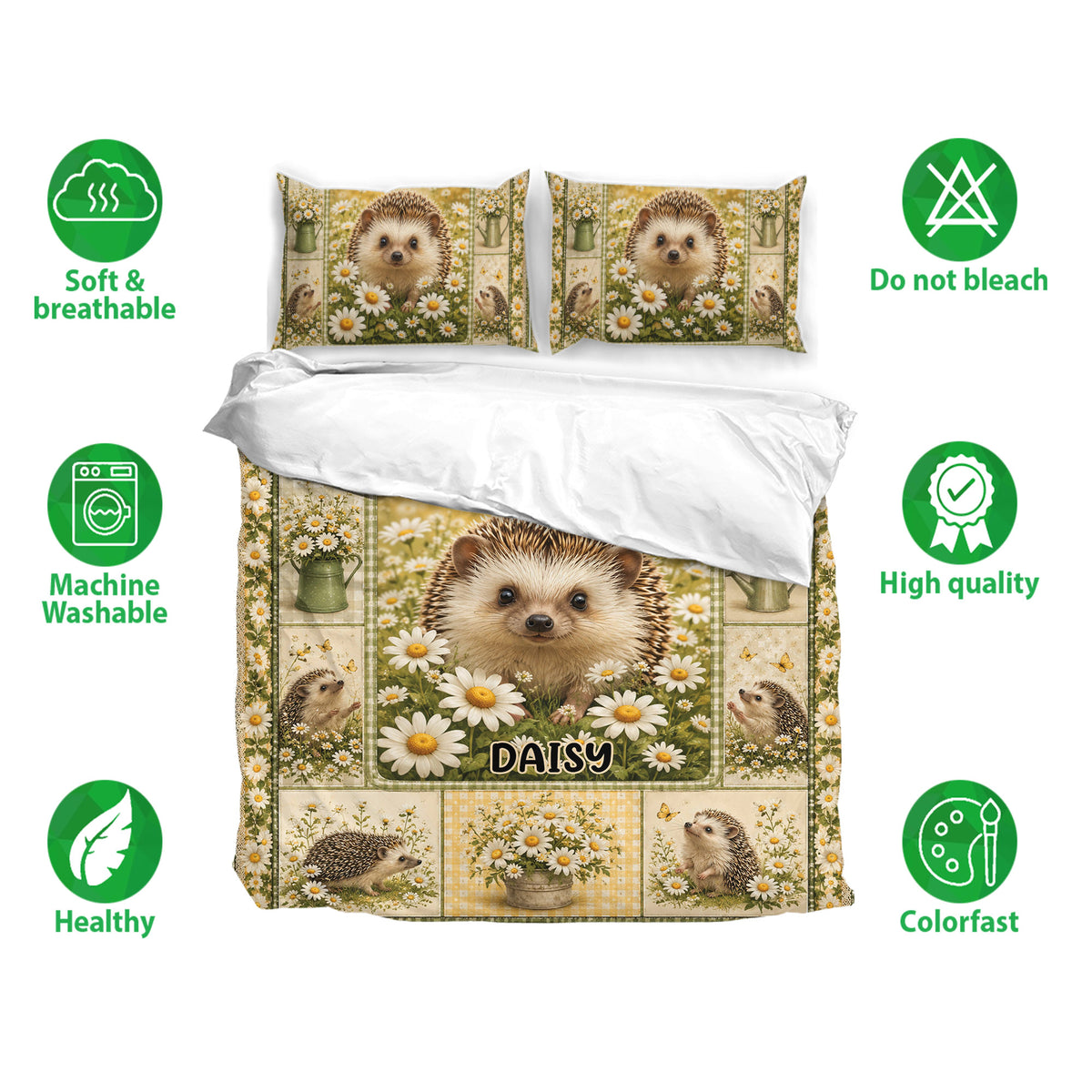 Hedgehog duvet cover set with matching pillowcases and soft, breathable fabric feature icons