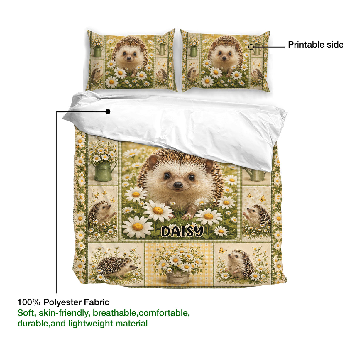 Hedgehog duvet cover set detail showing the printed front and matching pillowcases