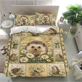 Hedgehog duvet cover set displayed in a modern bedroom with floral garden artwork
